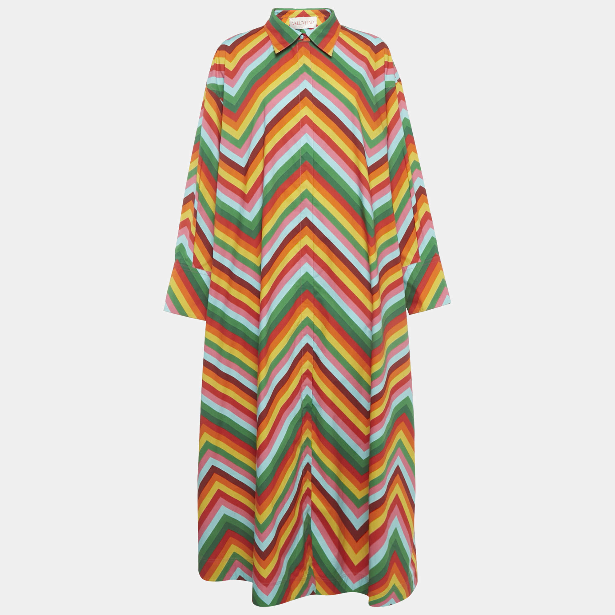Pre Owned Valentino Multicolor Zig-Zag Cotton Flared Maxi Dress S
