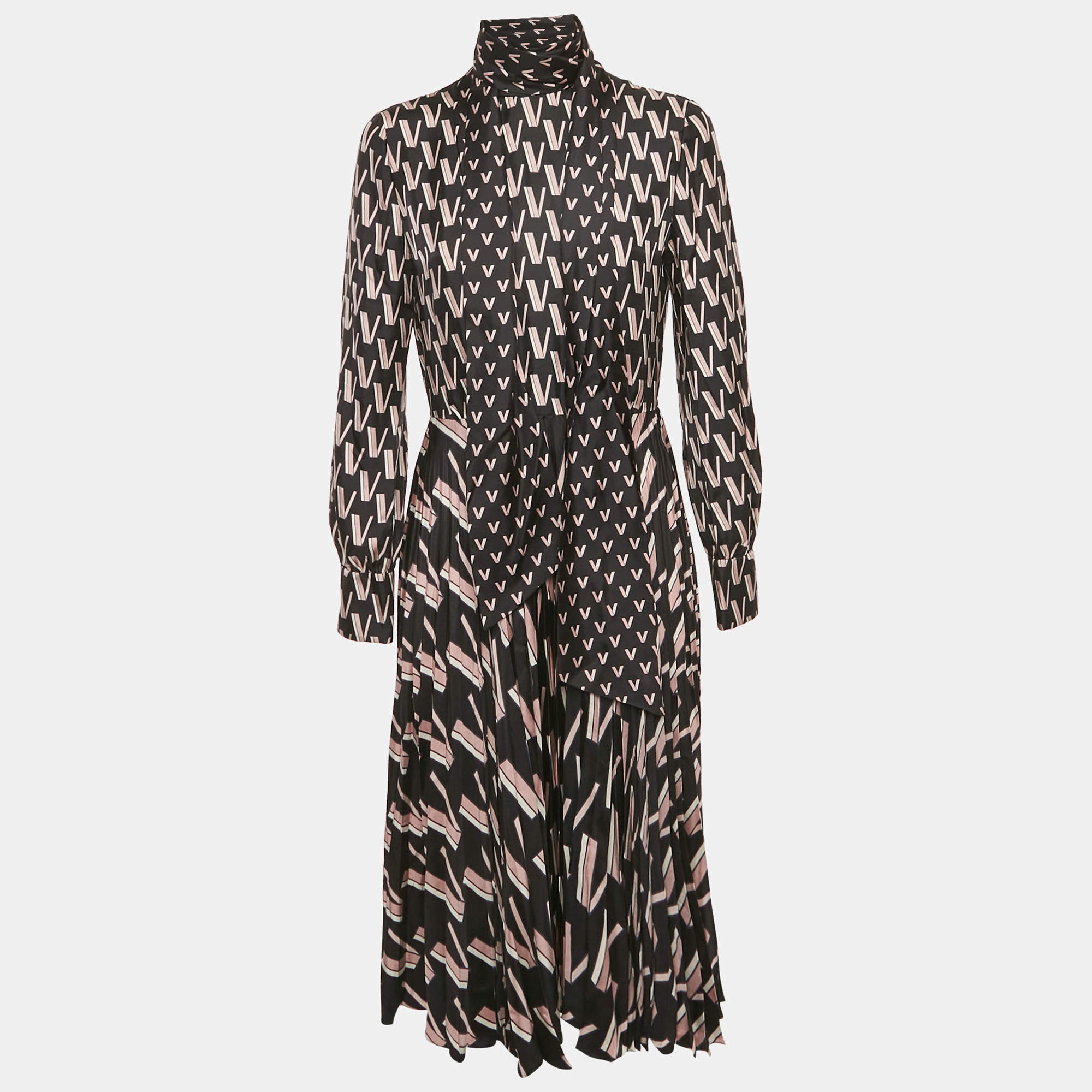 Pre Owned Valentino Black/Pink Printed Silk Plissé Midi Dress M