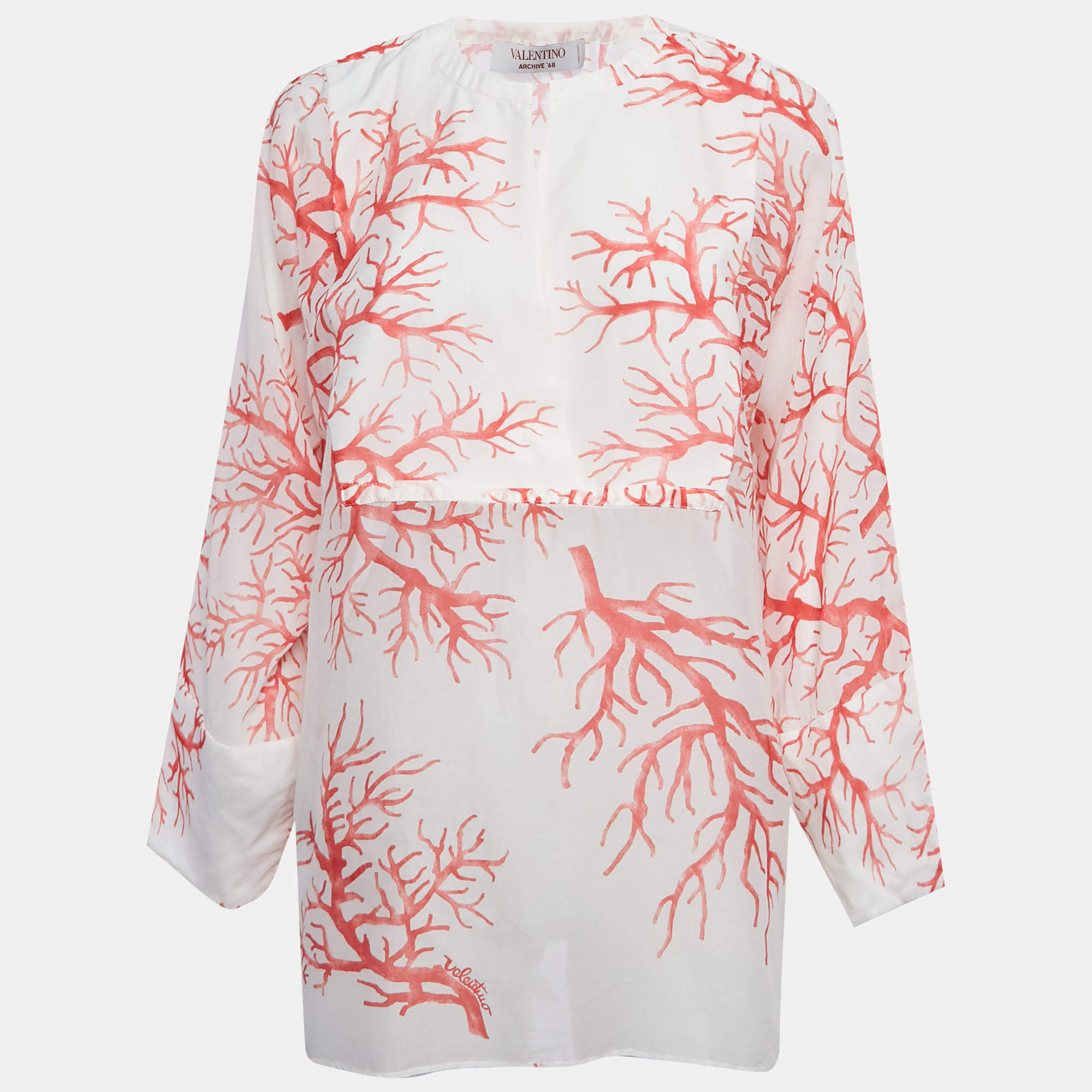 مملوكة مسبقًا Valentino Archive '68 White Coral Print Cotton Blouse S
