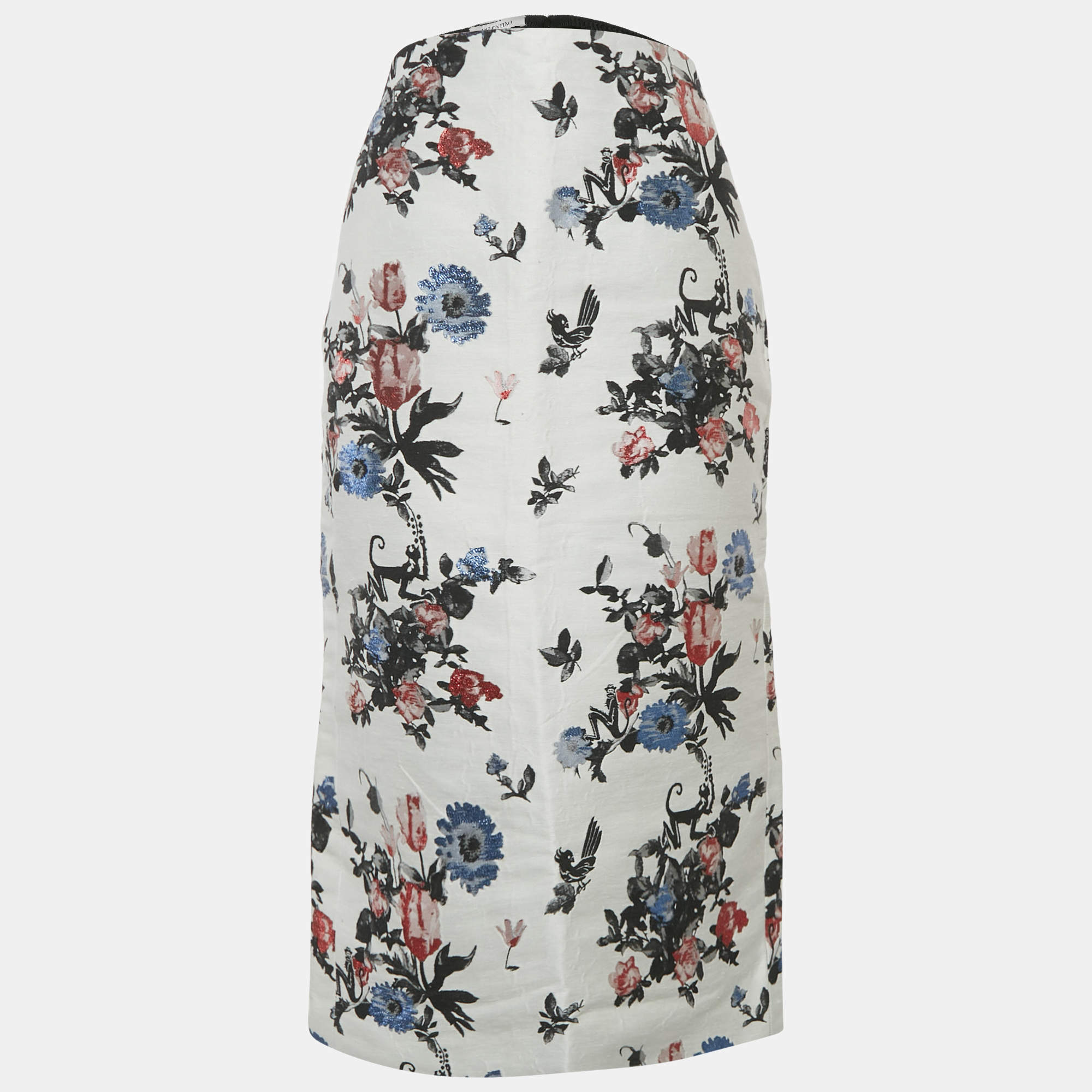 Pre Owned Valentino Blue Floral Jacquard Pencil Skirt M