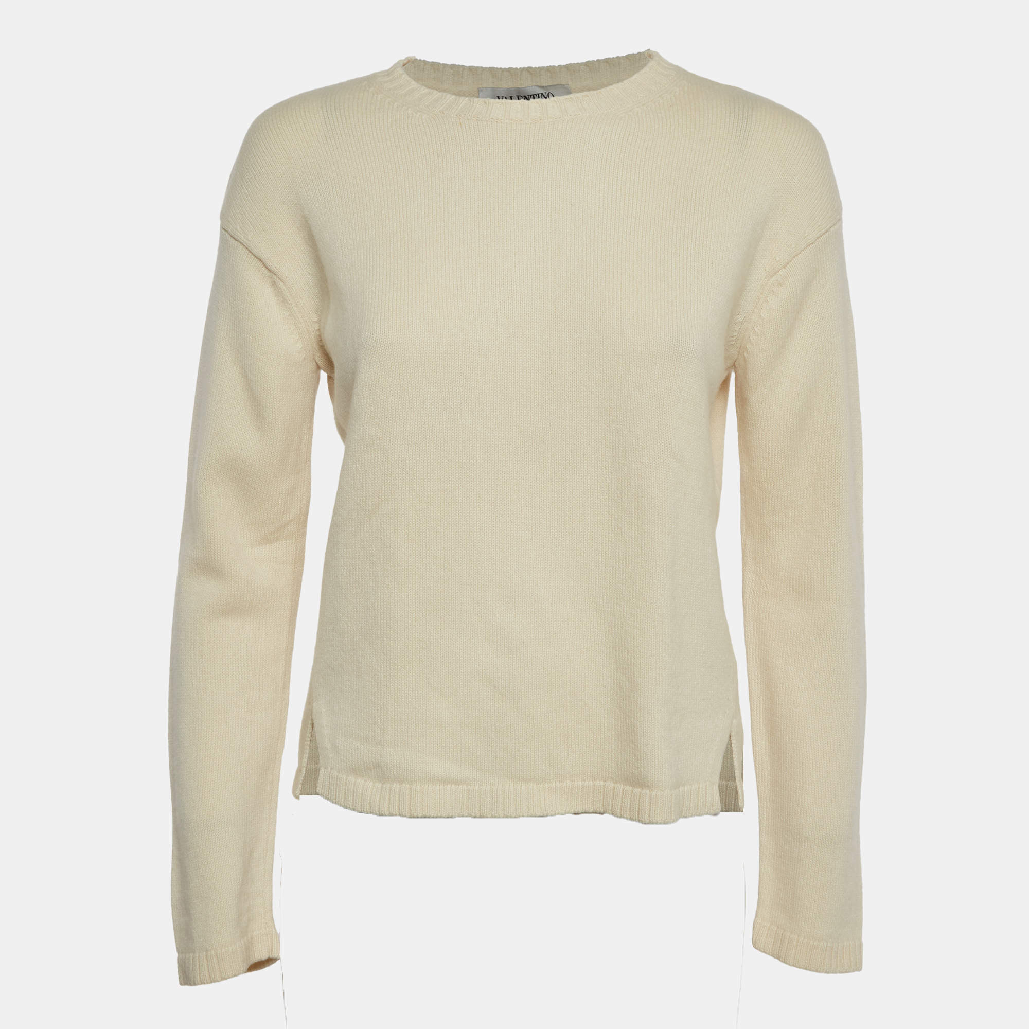 Pre Owned Valentino Cream Cashmere Round Neck Sweater S