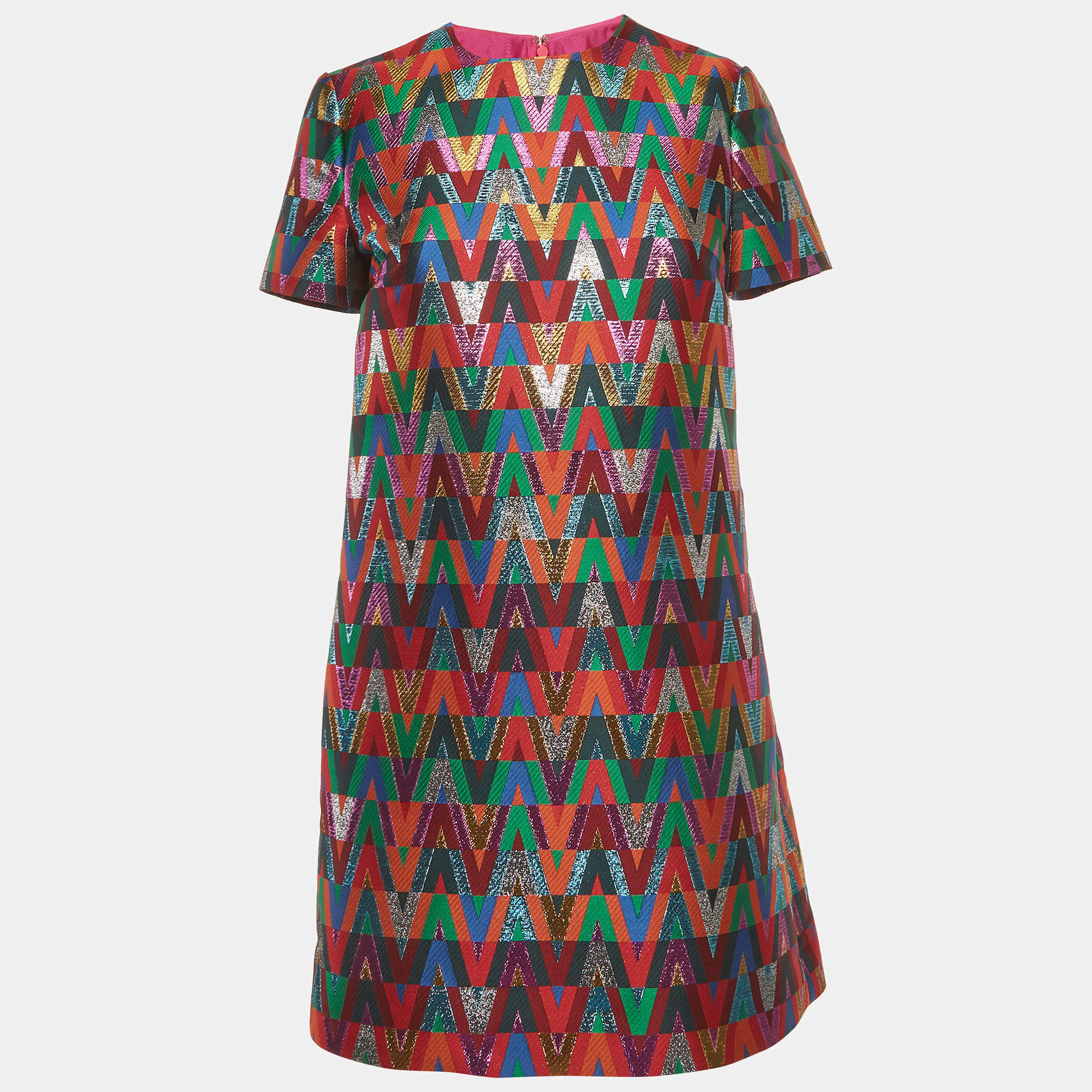 Pre Owned Valentino Multicolor Chevron Lurex Shift Dress S