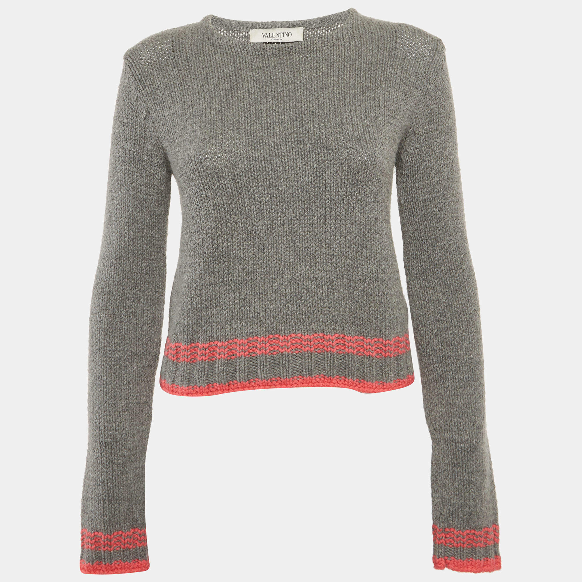 Pre Owned Valentino Grey Rib Knit Crewneck Sweater S