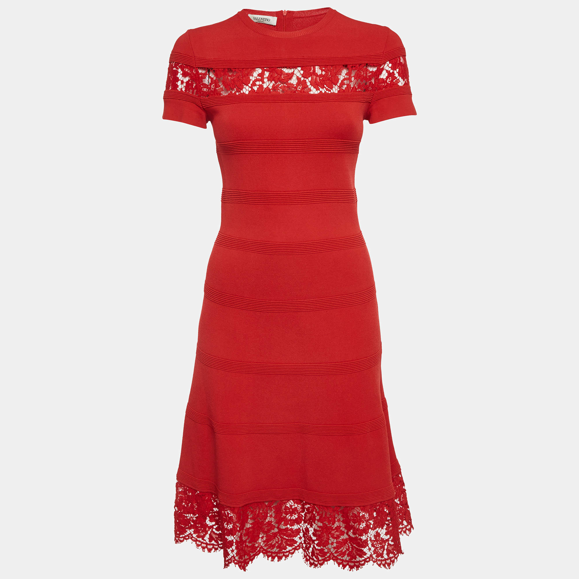 Pre Owned Valentino Red Lace Trim Stretch Knit Mini Dress S