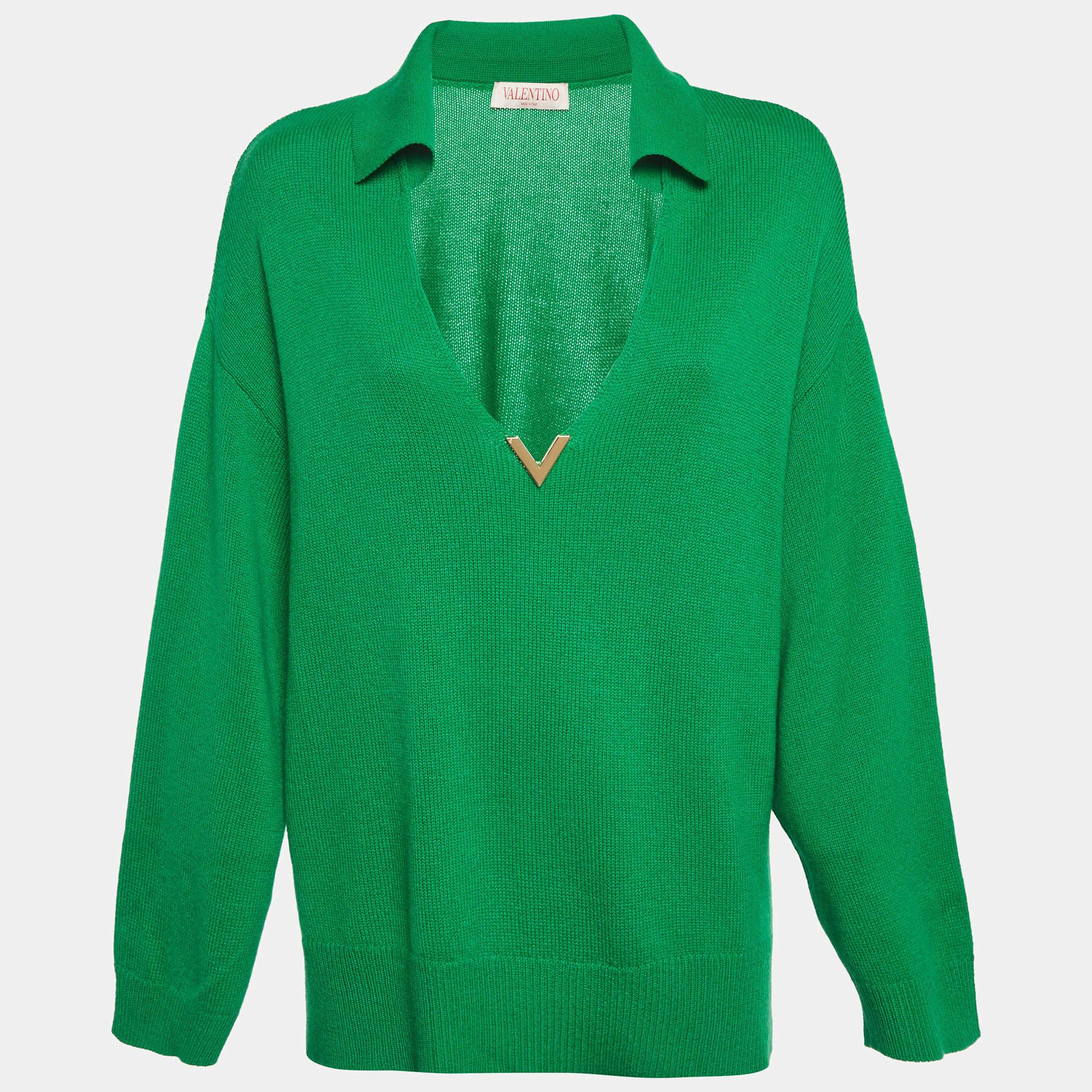 Pre Owned Valentino Green Knit Cashmere Plunge Neck Jumper M