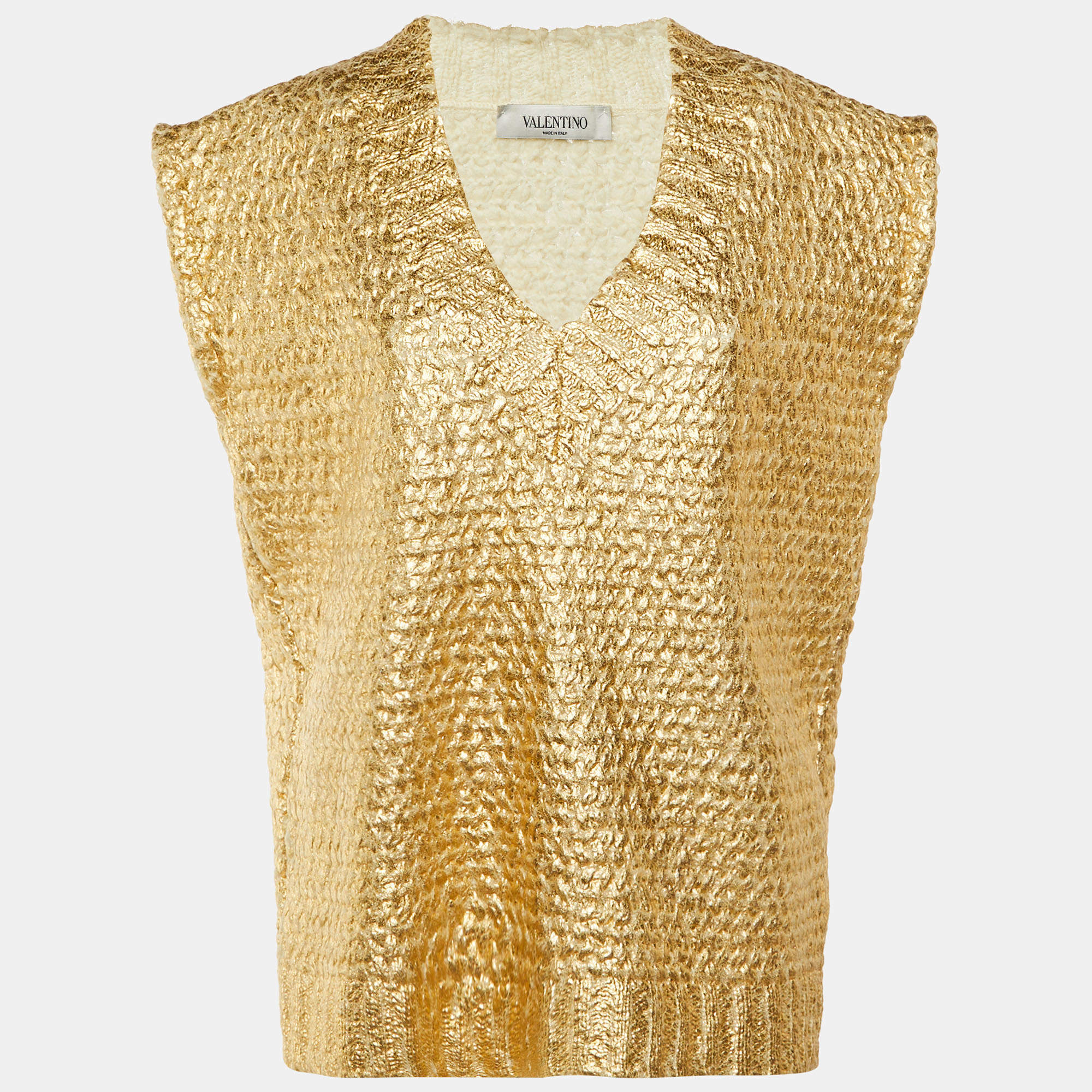 Pre Owned سترة فالينتينو ذهبية صوف محبوك بدون أكمام واسعة مقاس صغير جداً