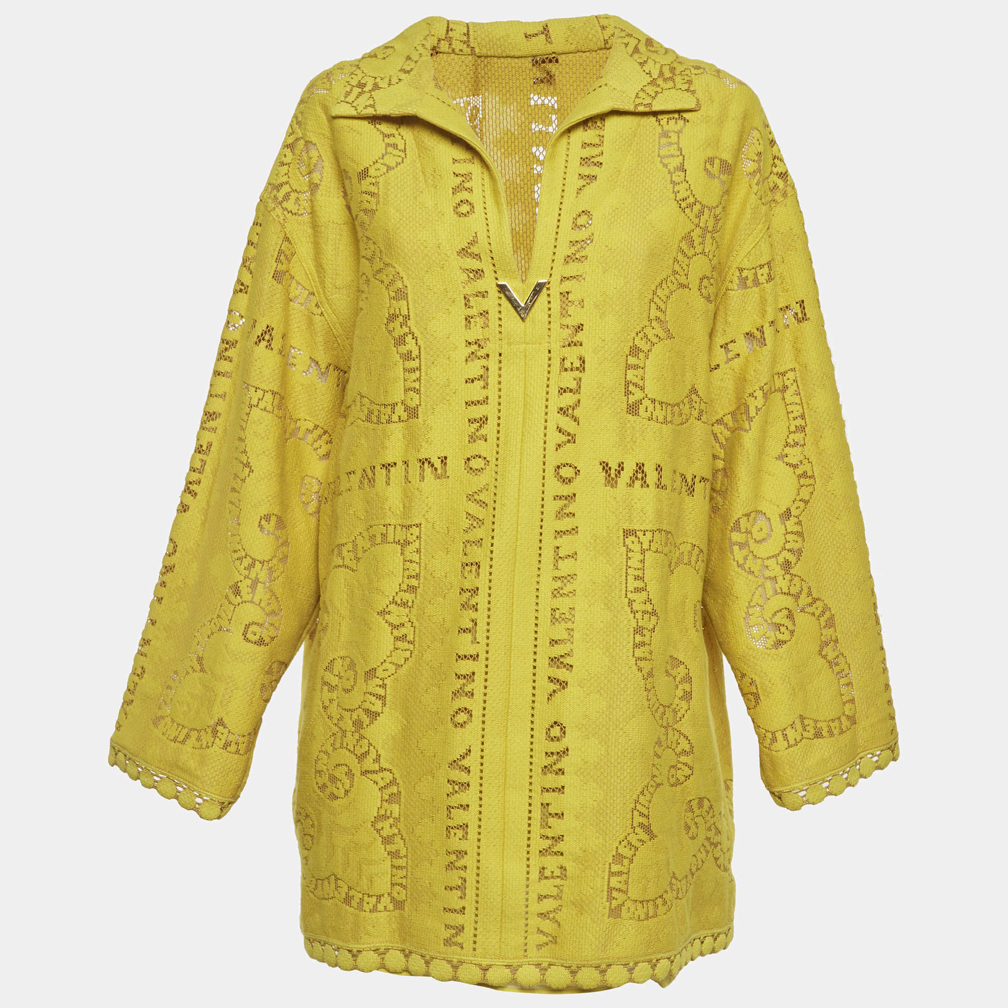 مملوكة مسبقًا Valentino Yellow Logo Jacquard Oversized Top and Shorts Set L