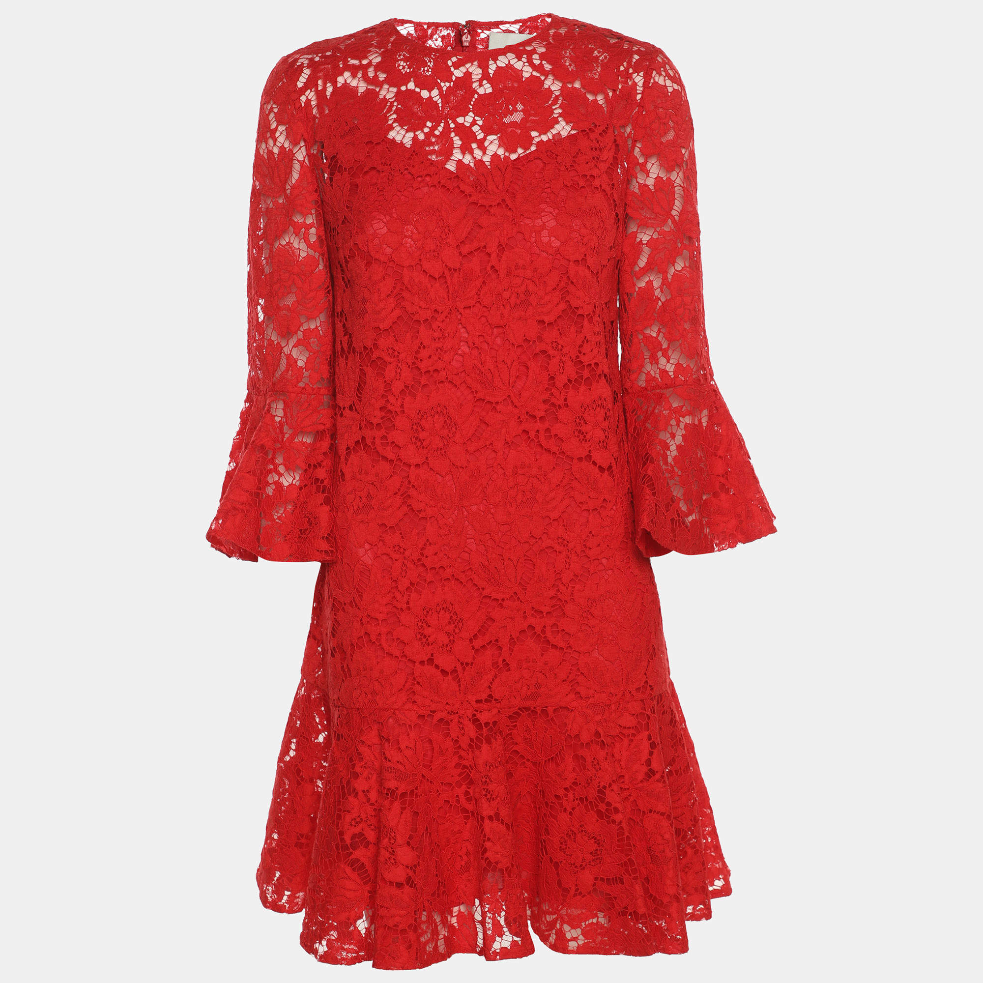 Pre Owned Valentino Red Lace Midi Dress S