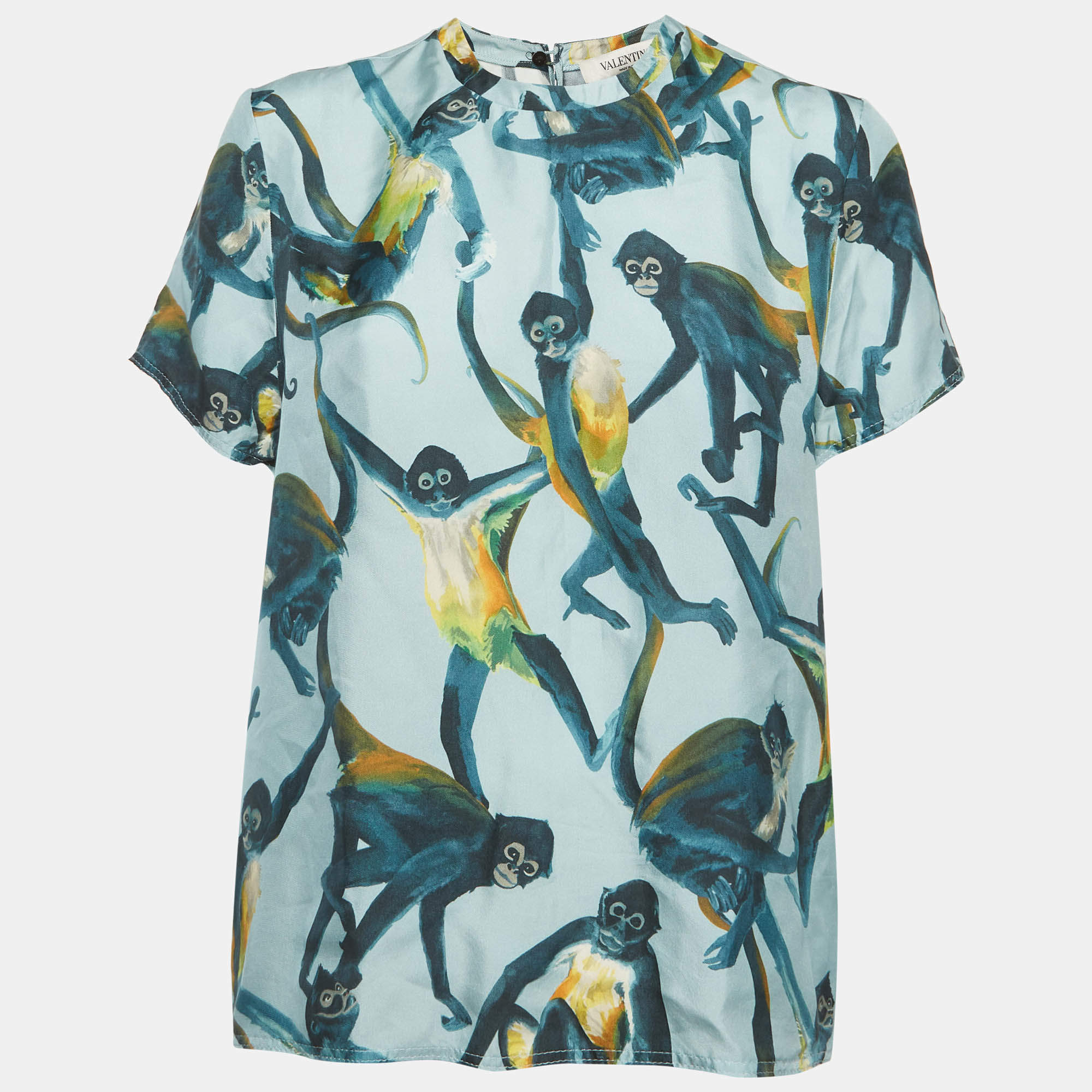 Pre Owned Valentino Light Blue Monkey Print Silk Short Sleeve Top M