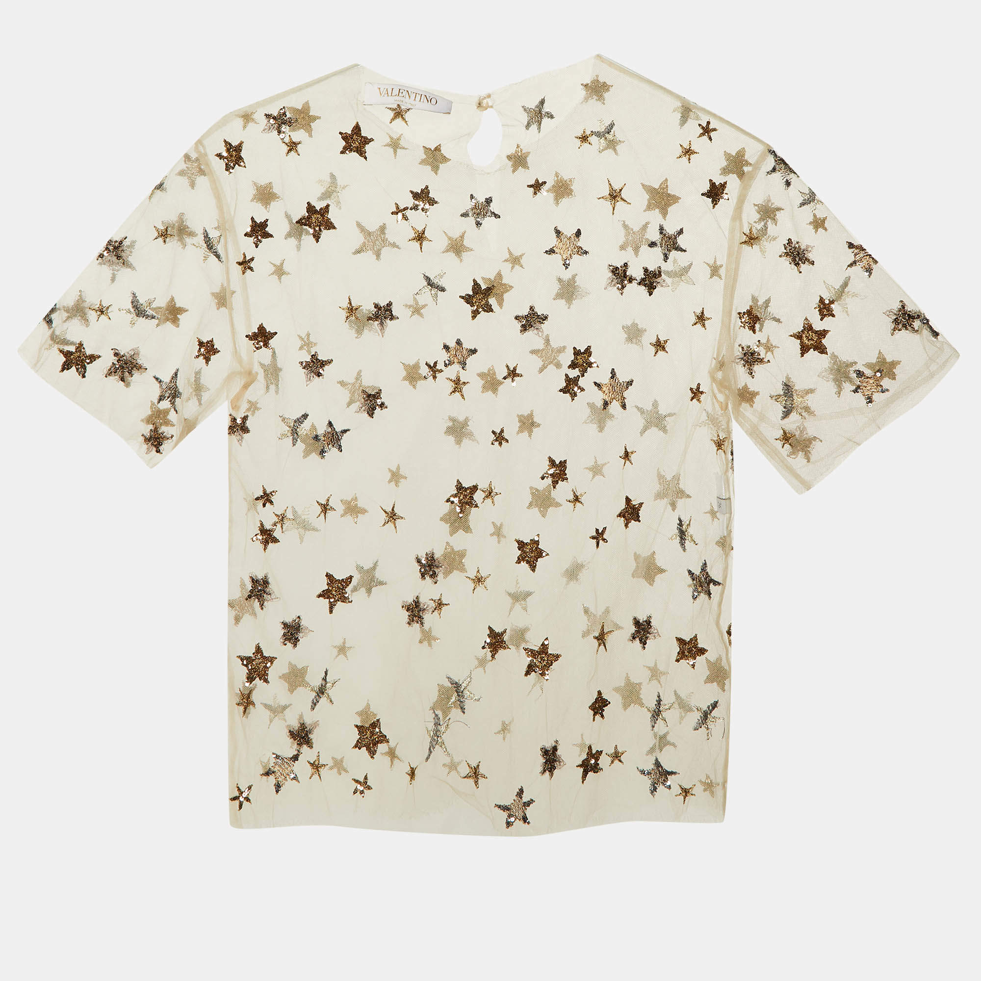 مملوكة مسبقًا Valentino Beige Star Sequin Embellished Tulle Sheer Top XS