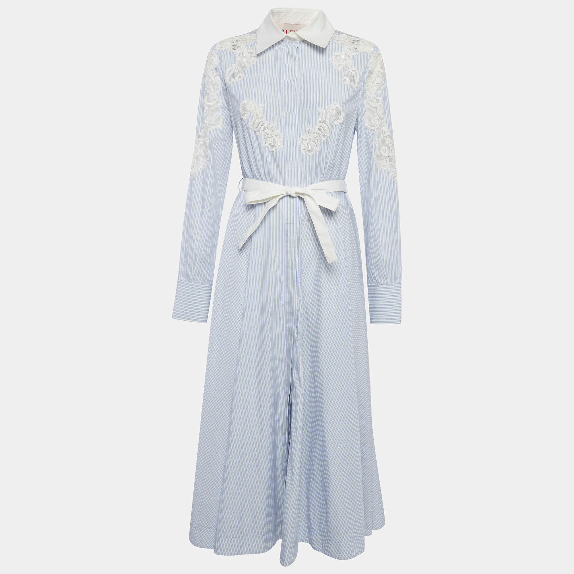 مملوكة مسبقًا Valentino Blue Striped Cotton Beaded Maxi Dress M