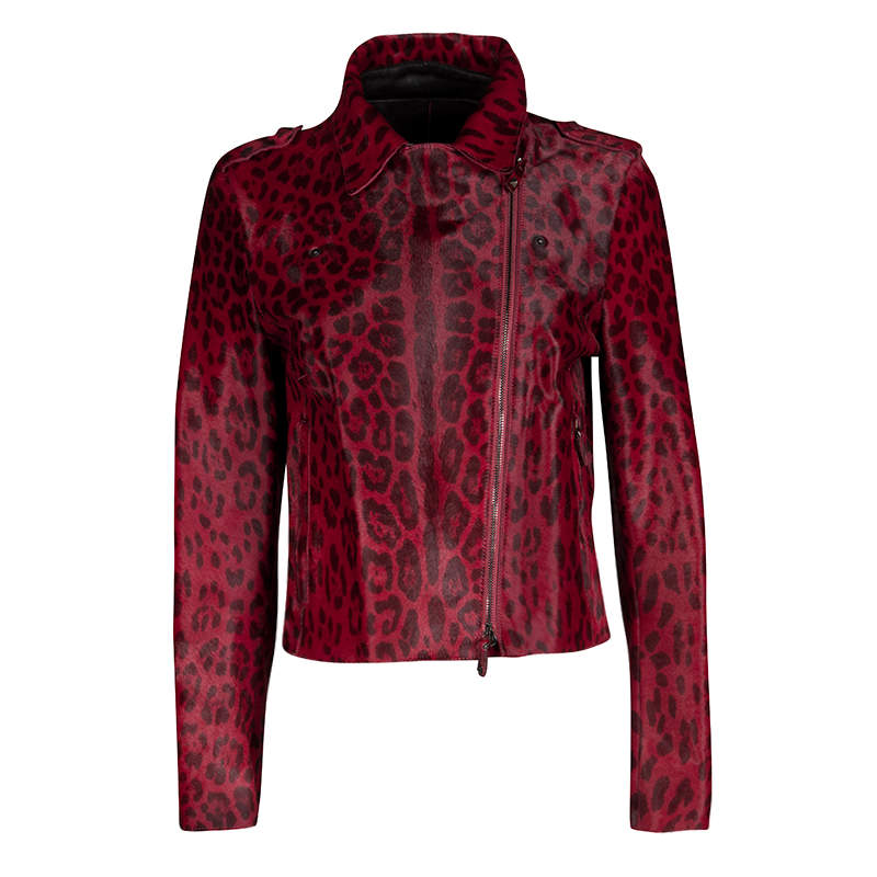Pre Owned Valentino Red Leopard Pattern Calf Fur Zip Front Biker Jacket M