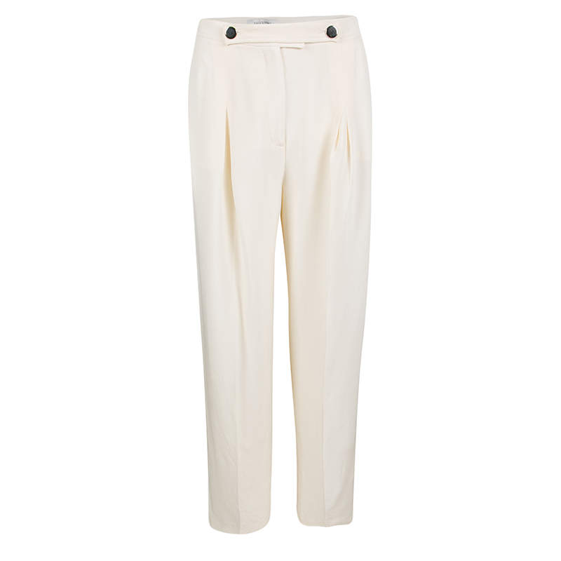Pre Owned Valentino Cream Silk High Waist Wide Leg Trousers S