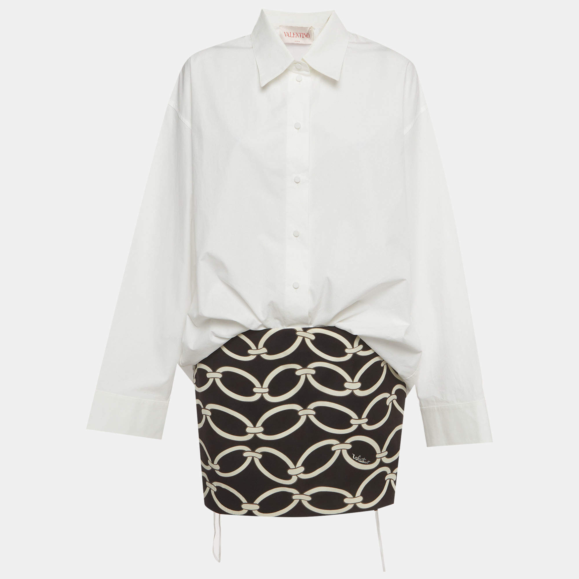 Pre Owned Valentino White/Black Chain Print Cotton and Crepe Shirt Dress M