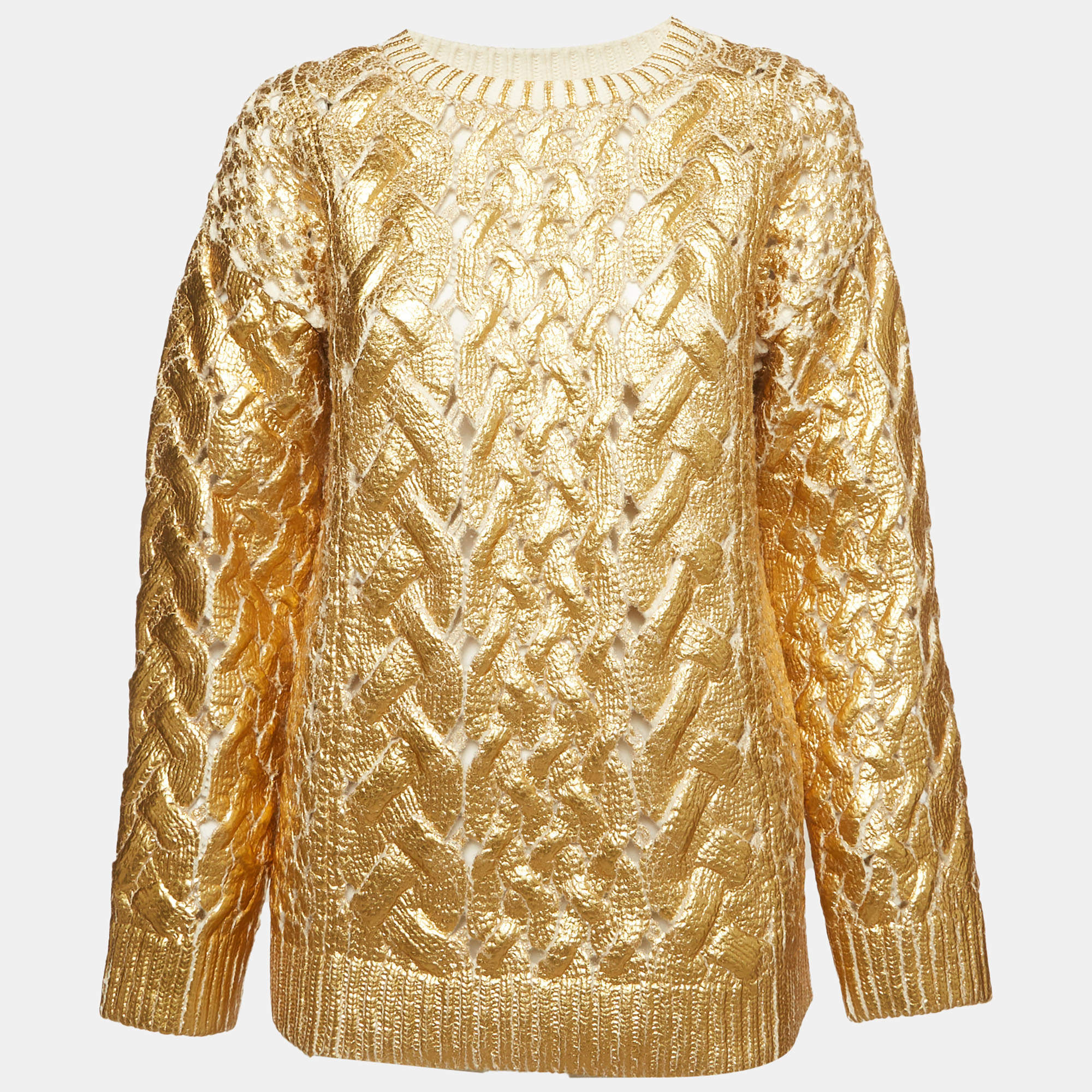 مملوكة مسبقًا Valentino Coated Metallic Cable Knit Crewneck Sweater XS