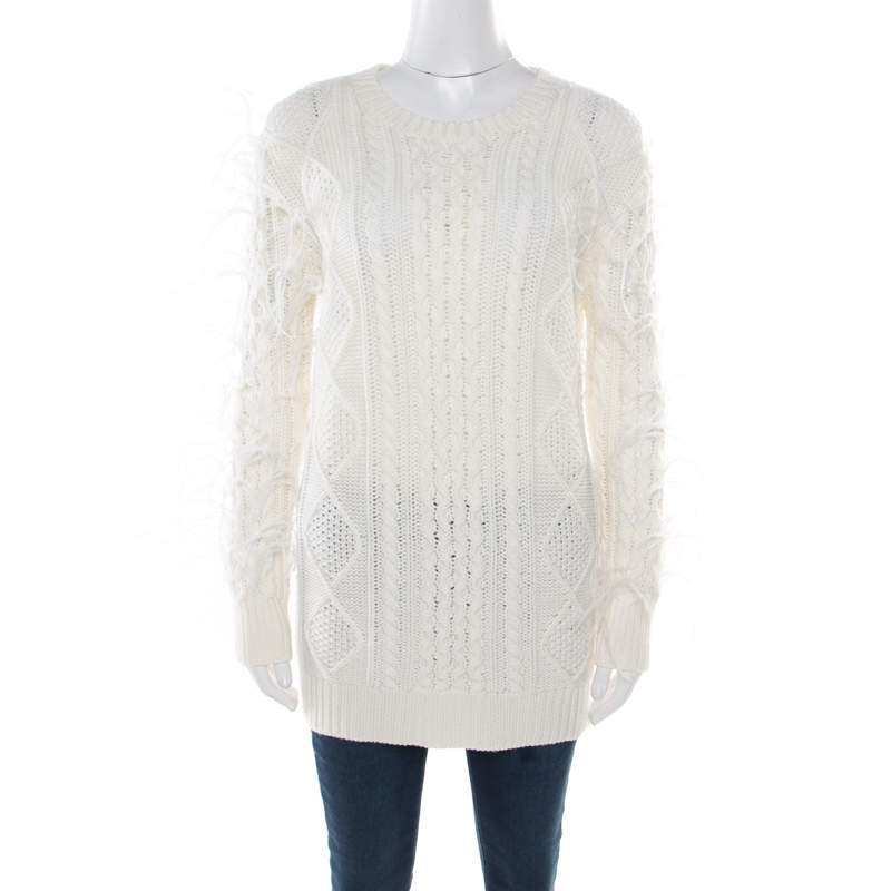 Pre Owned Valentino Ivory Chunky Knit Wool Ostrich Feathered Full Sleeve Pullover S