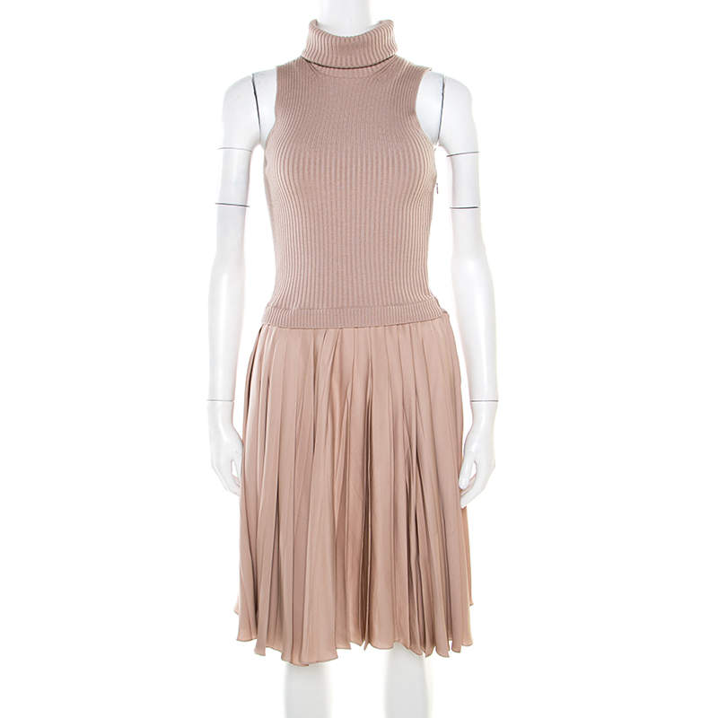 Valentino Beige Ribbed Wool and Silk Pleated Sleeveless Turtleneck Dress M