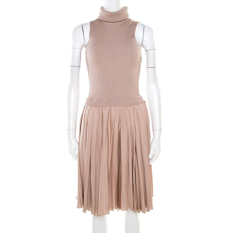 Pre Owned Valentino Beige Ribbed Wool and Silk Pleated Sleeveless Turtleneck Dress M