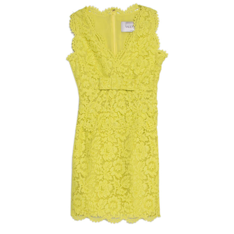 Pre Owned Valentino Yellow Floral Lace Scalloped Trim Bow Detail Peplum Dress S