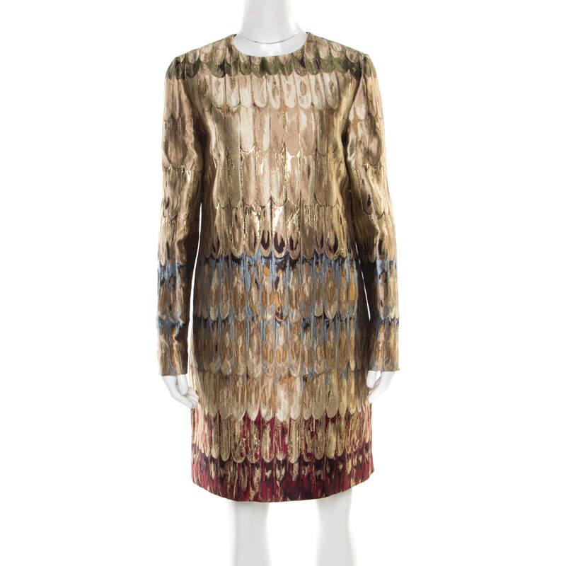 Pre Owned Valentino Gold Feather Patterned Jacquard Lurex Insert Shift Dress M