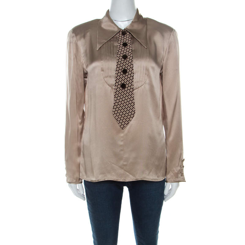Pre Owned Valentino Boutique Vintage Beige Satin Silk Button Front Tie Detail Blouse L
