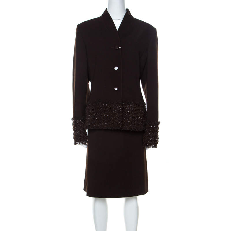 Pre Owned Valentino Brown Wool Embellished Detail Skirt Suit L