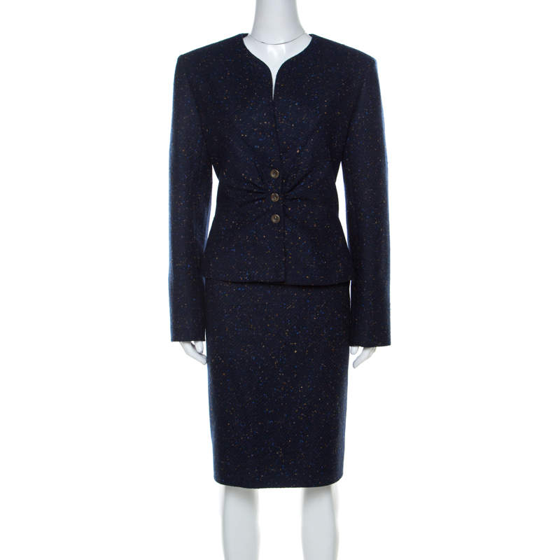 Pre Owned Valentino Dark Blue Patterned Tweed Wool Blazer and Skirt Set XL