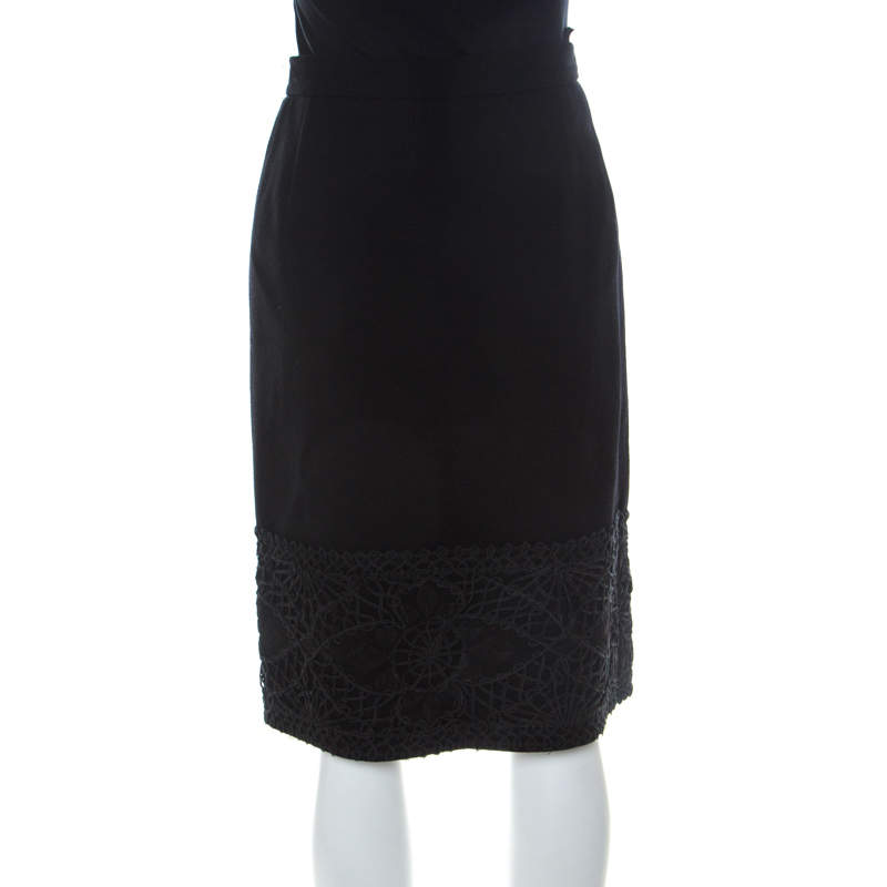 Valentino Boutique Vintage Black Crepe Wool Corded Lace Hem Detail Skirt L