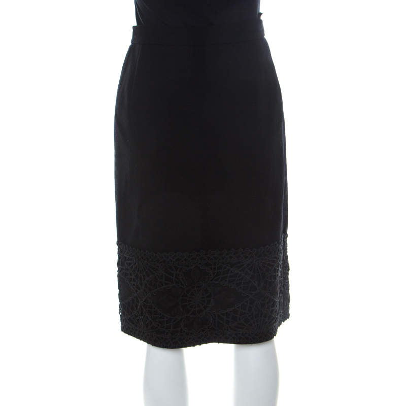 Pre Owned Valentino Boutique Vintage Black Crepe Wool Corded Lace Hem Detail Skirt L