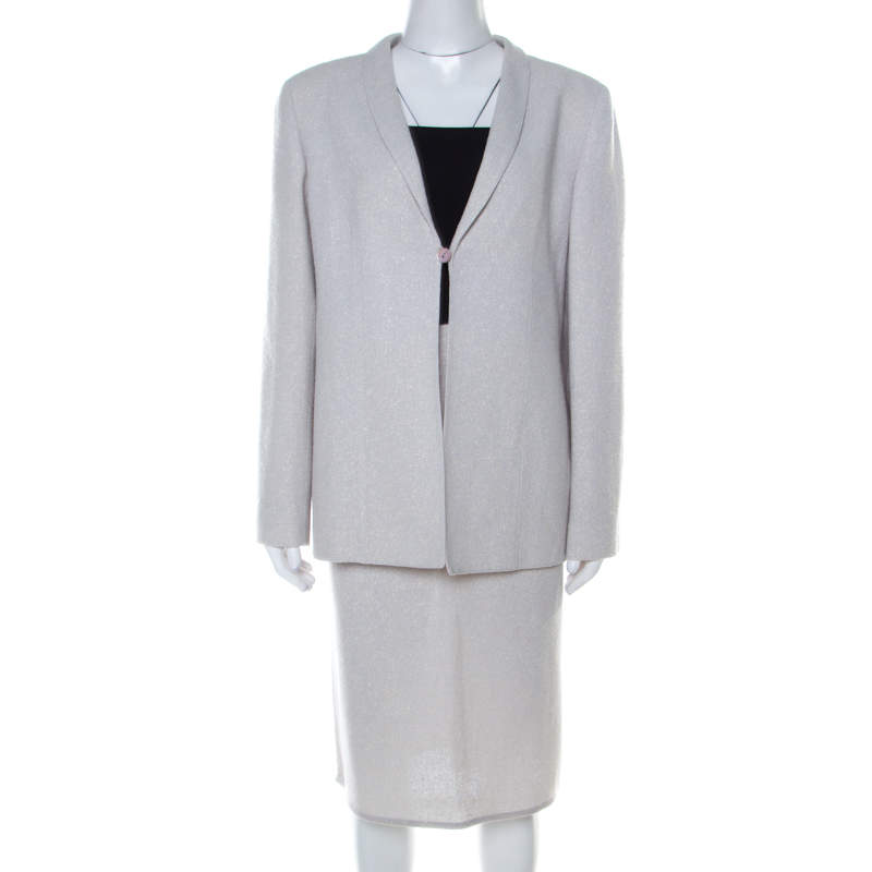 Pre Owned Valentino Boutique Vintage Light Grey Boucle Wool Skirt Suit XL 