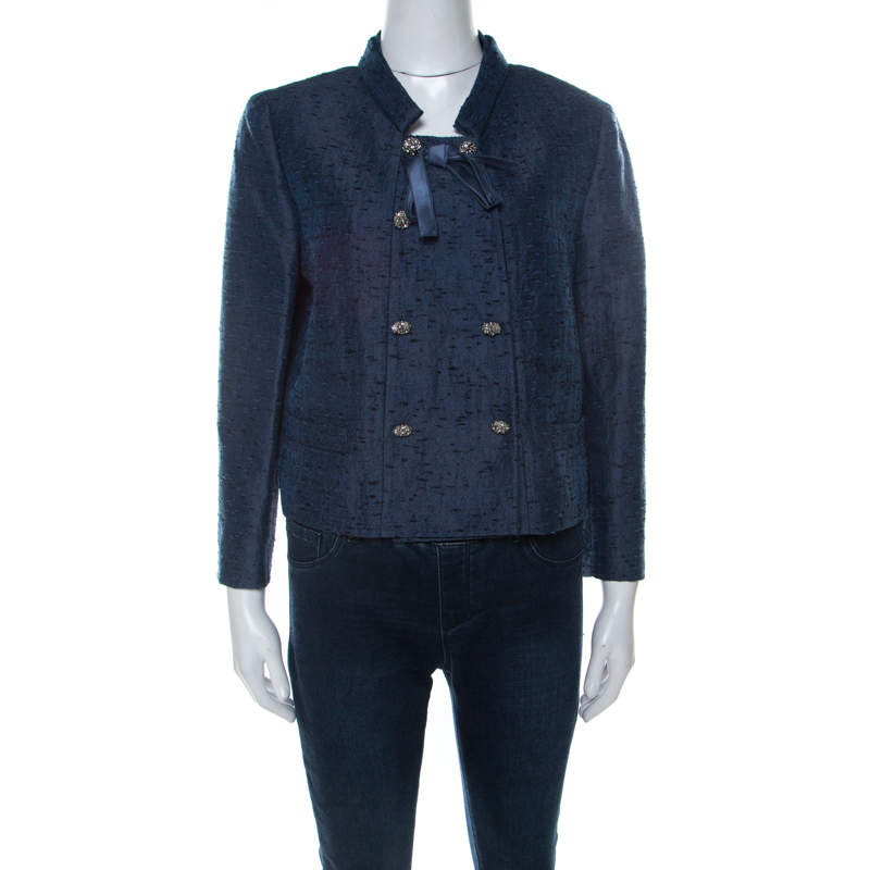Valentino Blue Silk Jacquard Box Fit Cropped Jacket L 