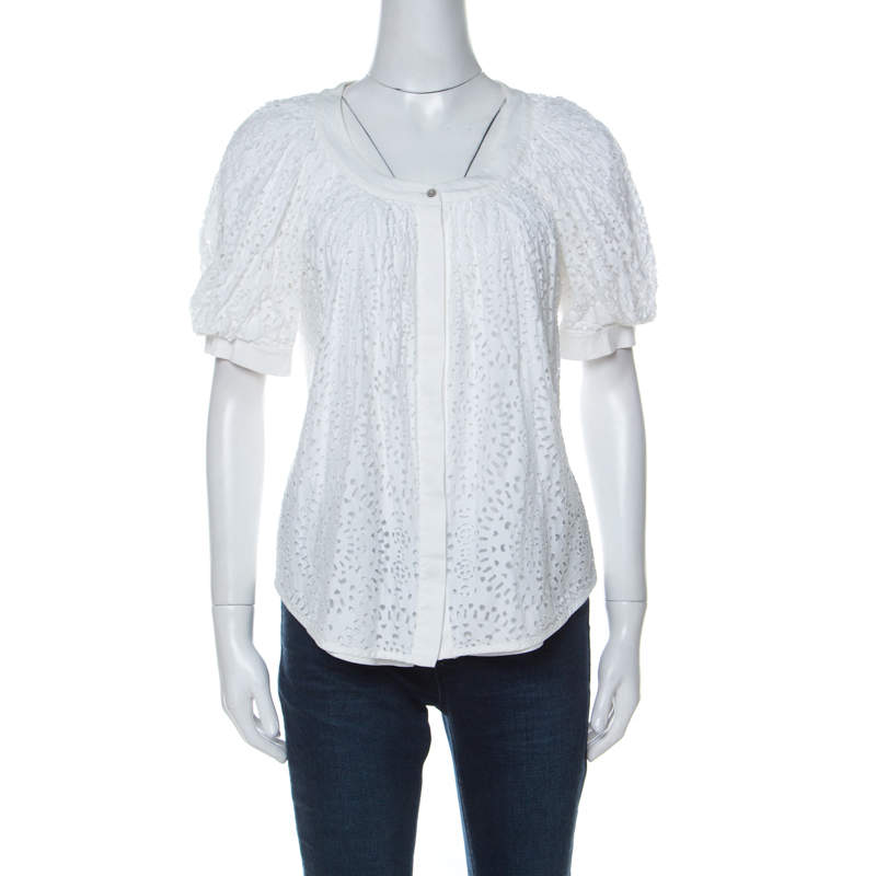 Valentino White Cotton Tattered Effect Puffed Sleeve Top S 