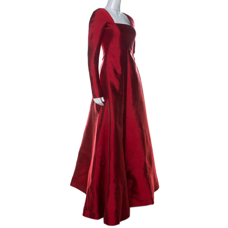 Valentino Boutique Vintage Red Raw Silk Long Sleeve Gown