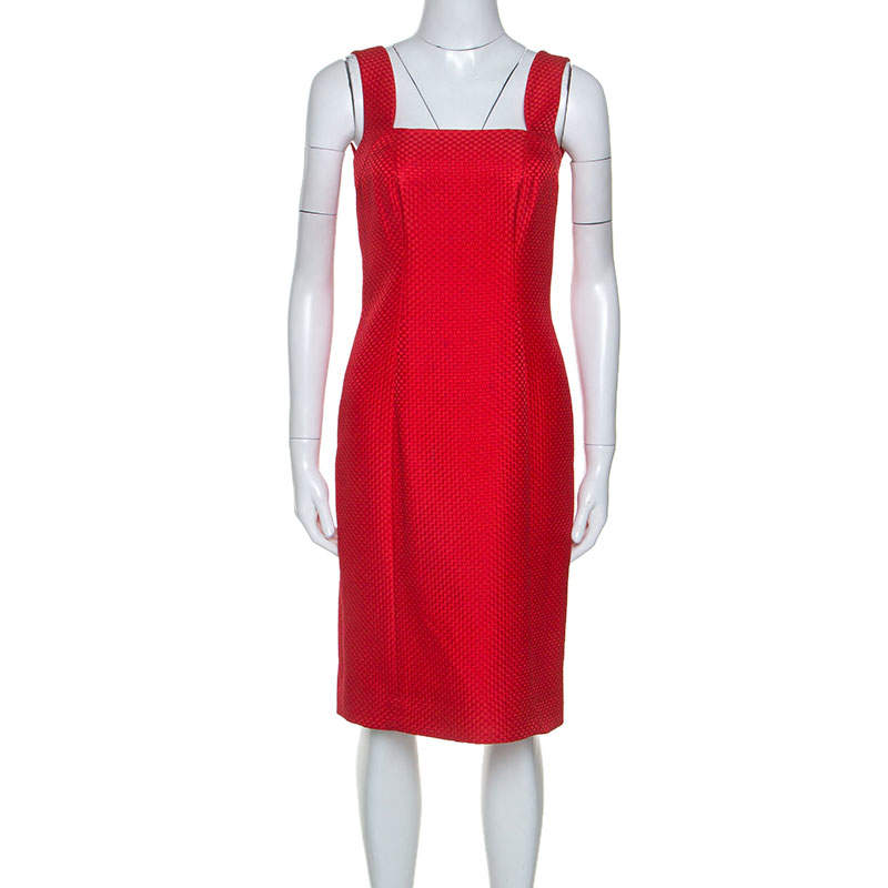 Pre Owned Valentino Red Textured Silk Blend Short Dress M