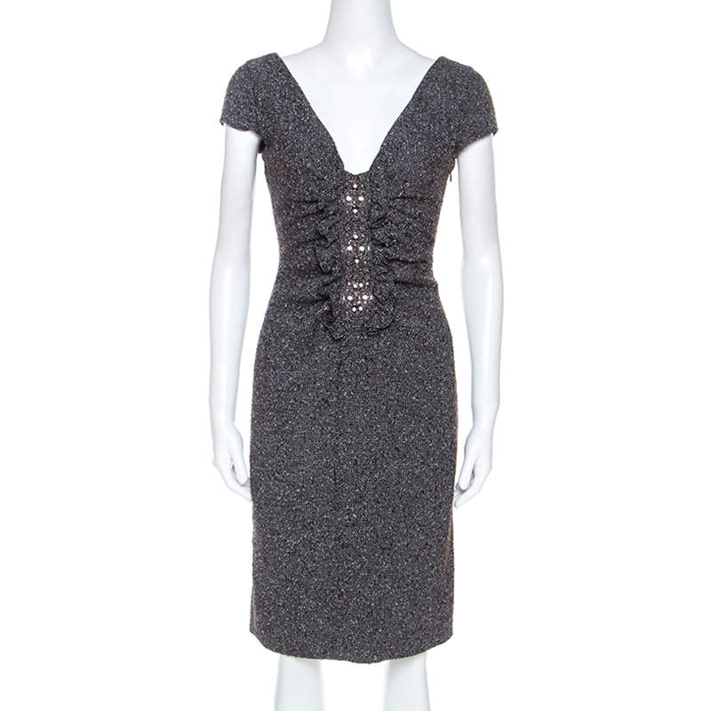 Valentino Grey Boucle Knit Wool Blend Embellshed Detail Dress M ...