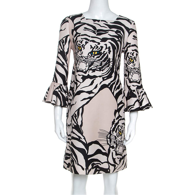 Pre Owned Valentino Beige Crepe Tiger Re-Edition Dress M