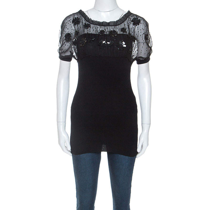 Pre Owned Valentino Black Wool and Silk Embellished Detail Top S