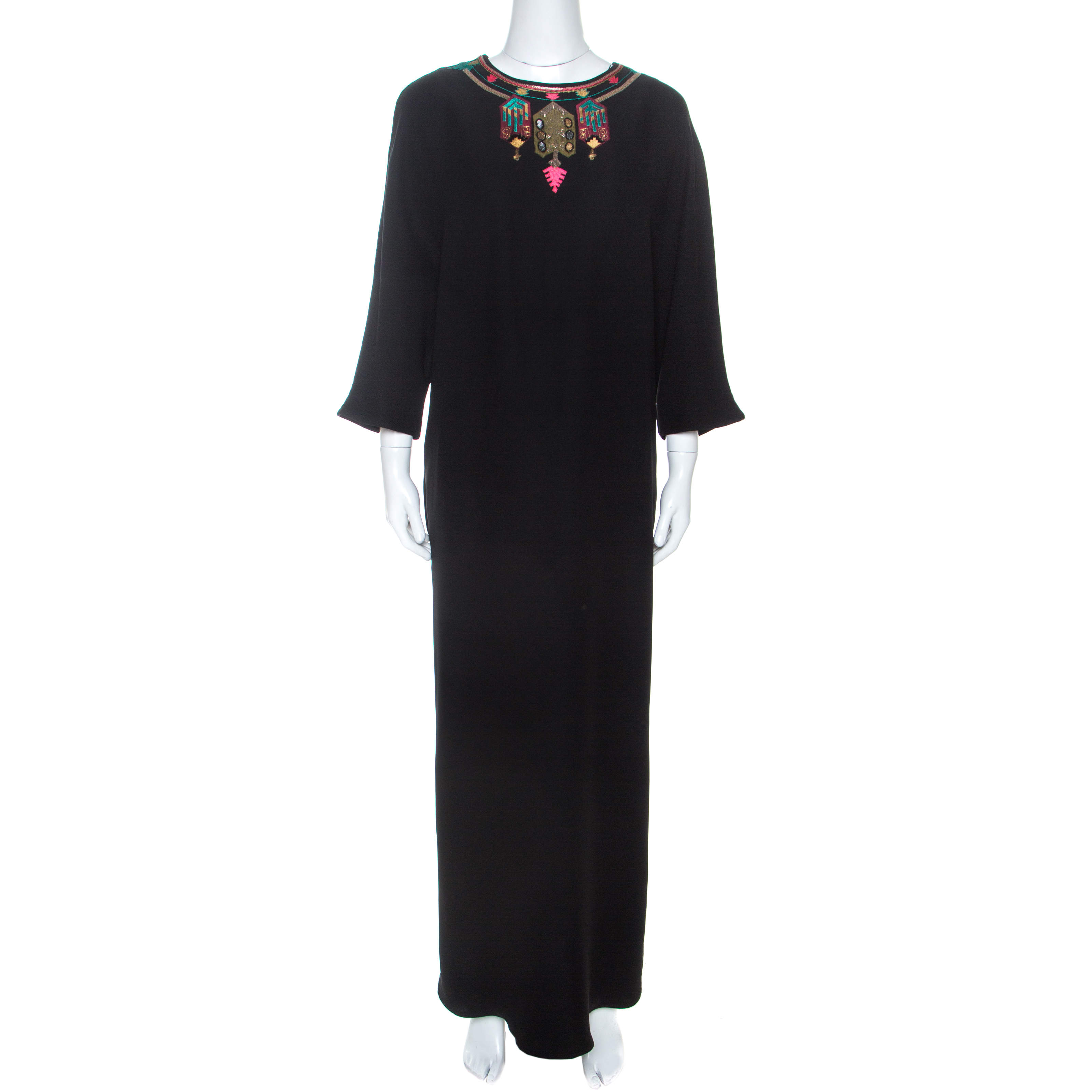 Pre Owned Valentino Black Crepe Embroidered Detail Maxi Dress L