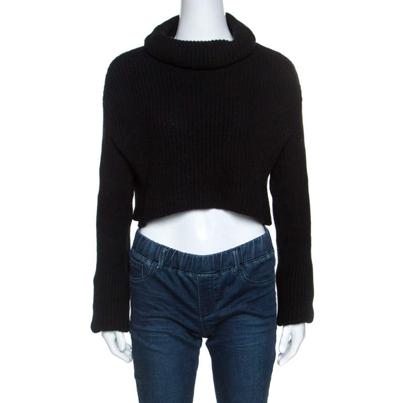 Pre Owned Valentino Black Wool Rib Knit Turtle Neck Cropped Sweater M