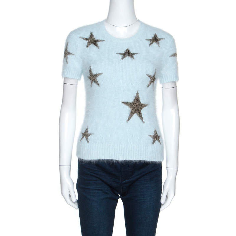 Valentino Light Blue Angora Wool Short Sleeve Star Intarsia Jumper S