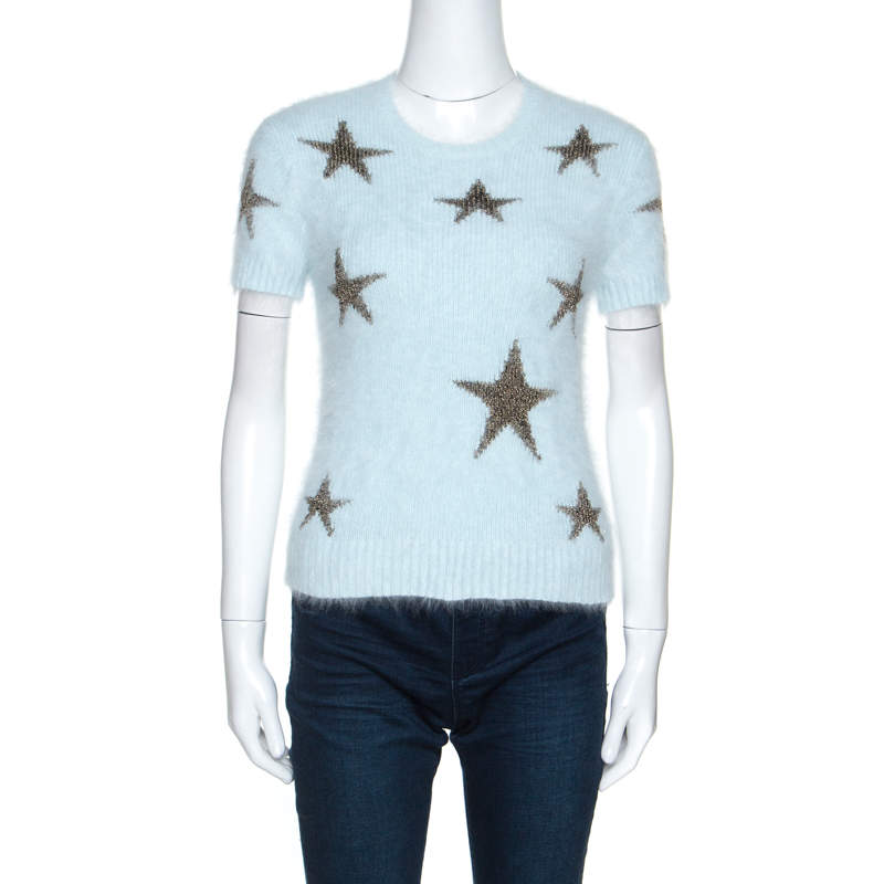 Pre Owned Valentino Light Blue Angora Wool Short Sleeve Star Intarsia Jumper S