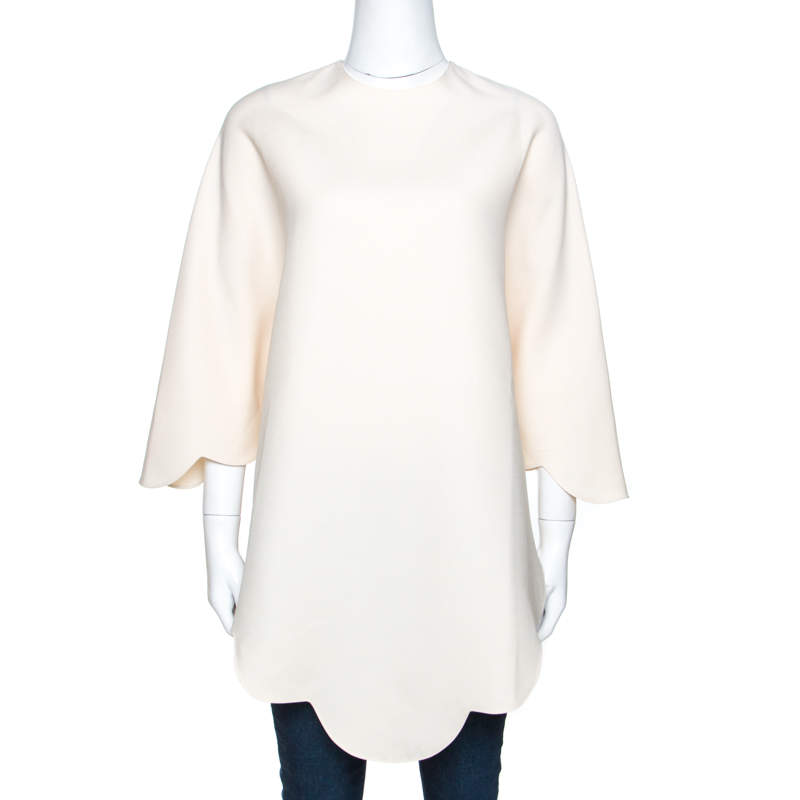 Pre Owned Valentino Cream Crepe Scalloped Cape Top S