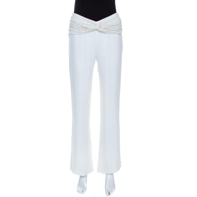 Pre Owned Valentino Off White Crepe Sequined Waist Band Detail Pants M