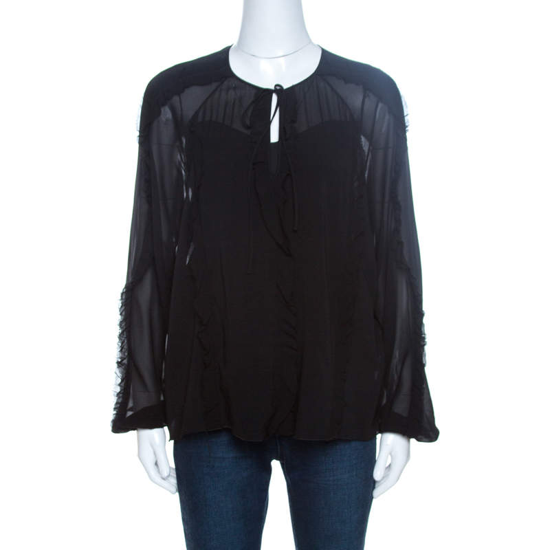 Pre Owned RED Valentino Black Sheer Silk Ruffle Trim Blouse M