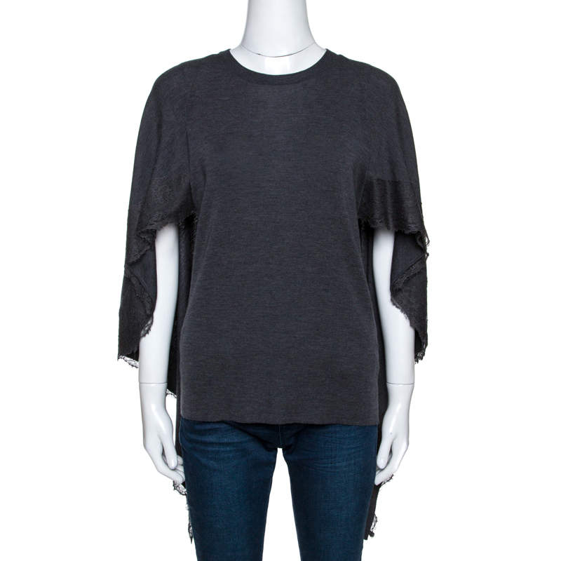 Pre Owned Valentino Grey Wool Knit Lace Trim Caped Sweater M