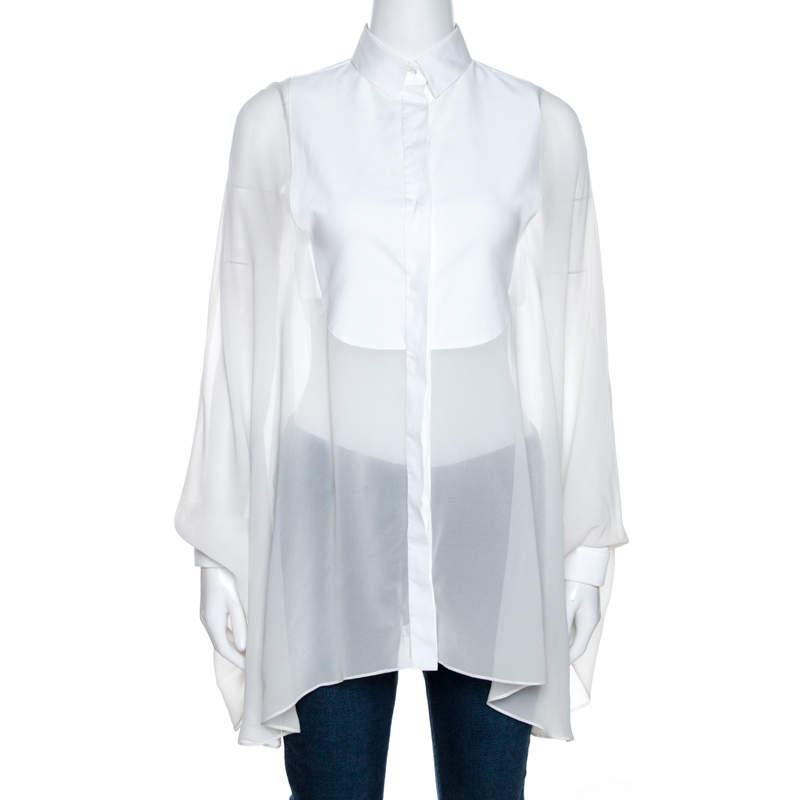 Pre Owned Valentino White Silk Draped Detail Button Front Blouse S