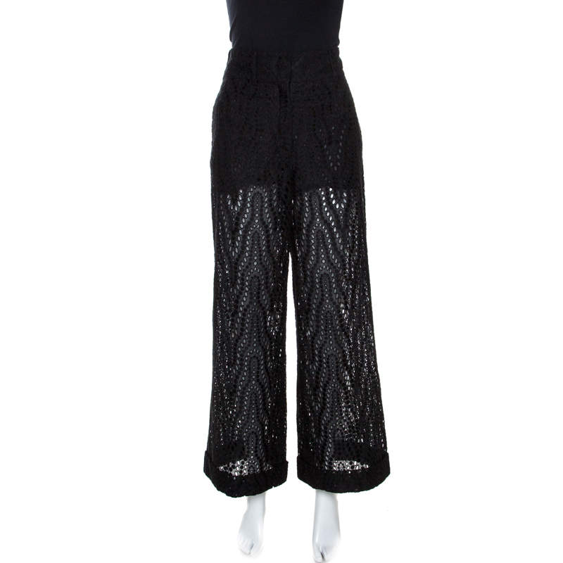 Pre Owned Valentino Black Eyelet Lace Cotton Wide Leg Pants S