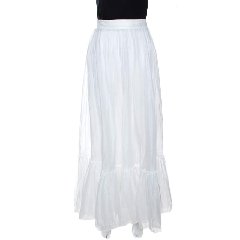 Pre Owned Valentino White Cotton Flared Maxi Skirt S
