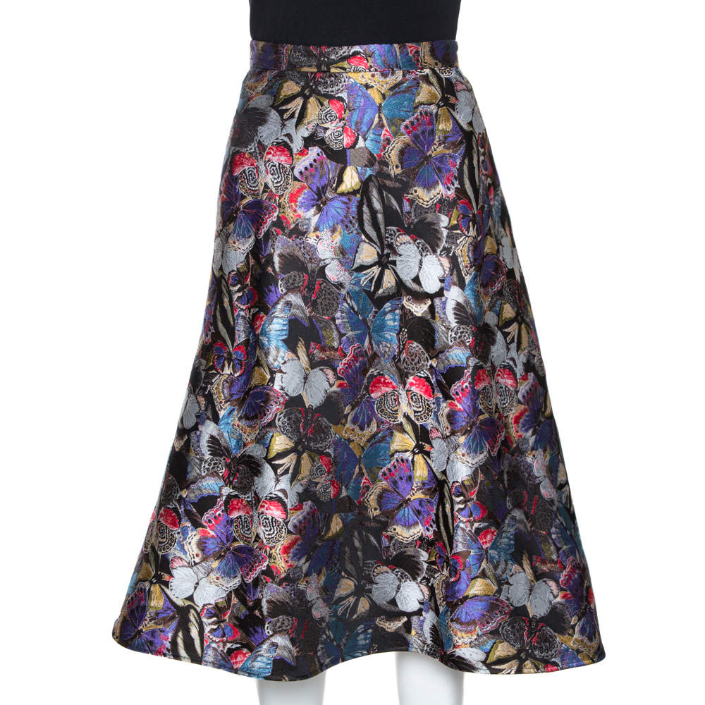 Pre Owned Valentino Multicolor Butterfly Silk Brocade Midi Skirt M