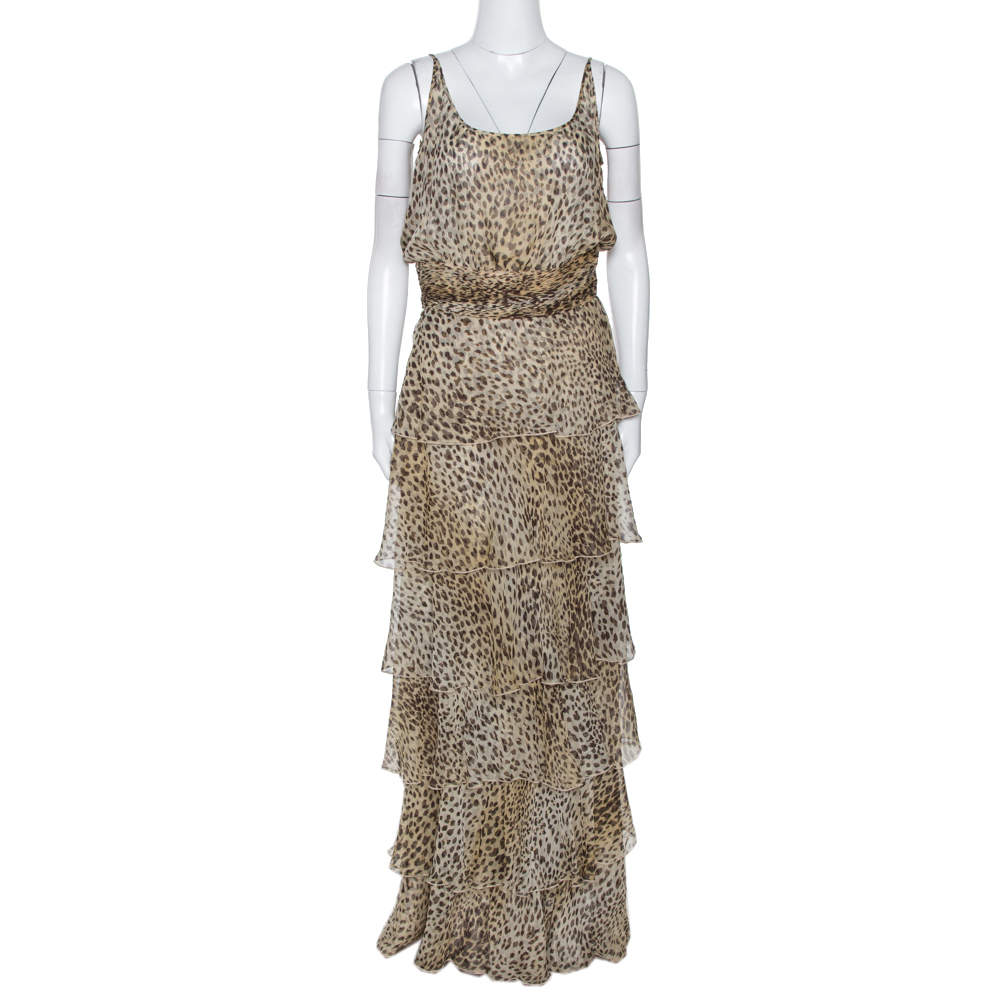 Pre Owned Valentino Boutique Vintage Beige Animal Print Tiered Maxi Dress L